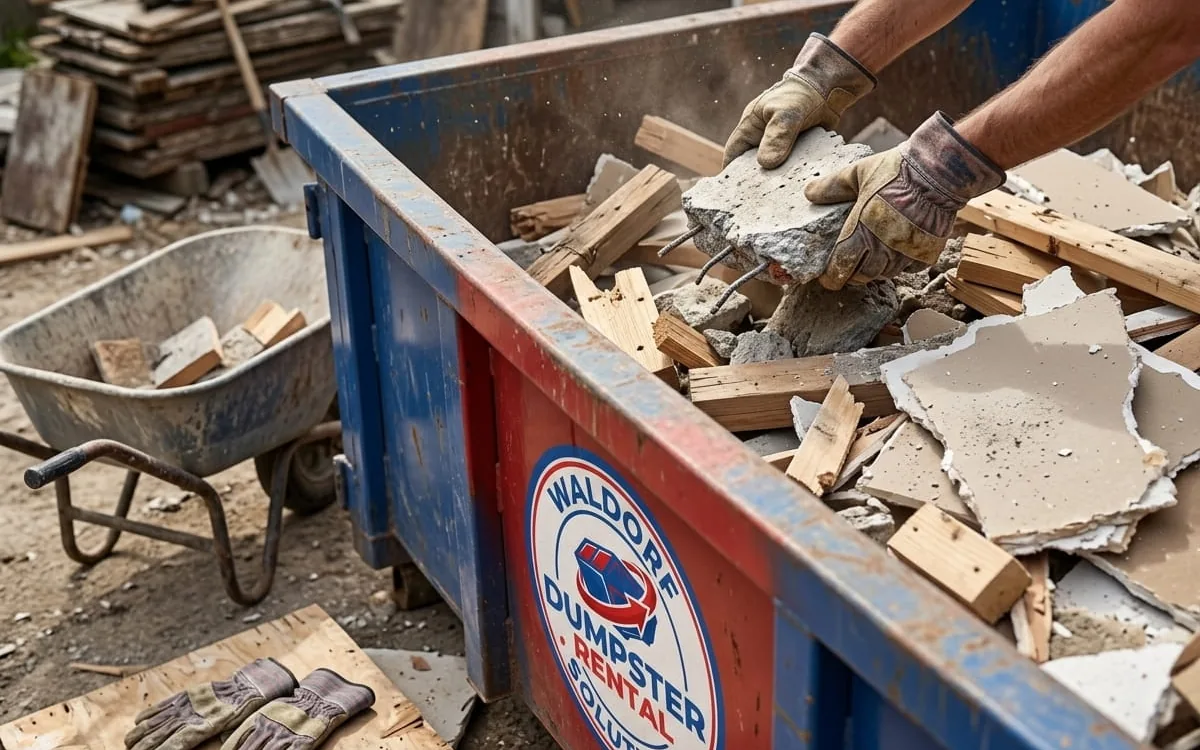 Dumpster loaded with broken concrete and heavy debris in Waldorf
