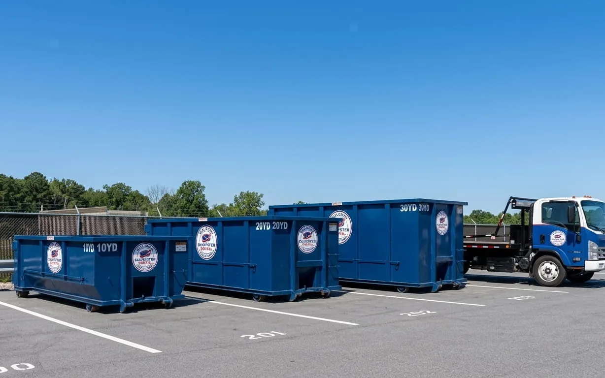 Row of 10, 15, 20 and 30 yard roll-off dumpsters in Waldorf