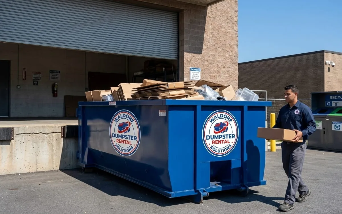 Dumpster and truck on a Waldorf job site under Maryland MDE rules