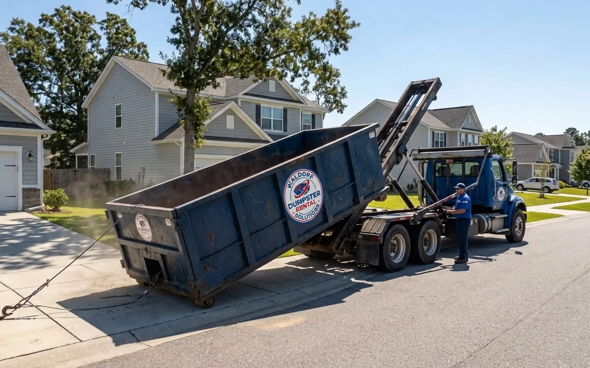 Homeowner loading yard brush into a dumpster in Waldorf